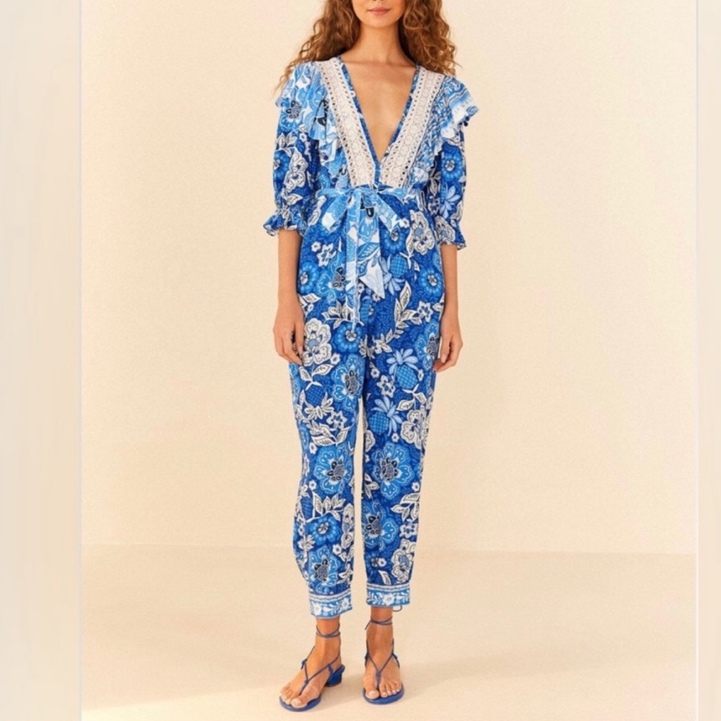 Farm Rio Linen Full Of Flowers Blue Floral Lace Ruffle Jumpsuit Size Xs Bohemian
